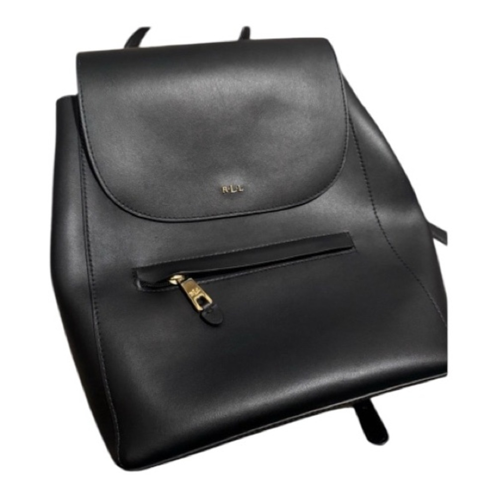 Lauren Ralph Lauren Dryden Black Leather Flap Backpack RLL Gold Logo Black NWOT - Picture 9 of 10